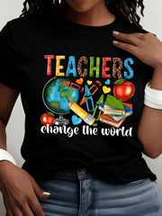Teacher Print Crew Neck T-Shirt Casual Short Sleeve T-Shirt For Spring Summer Women Clothing