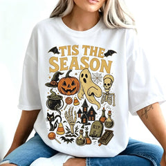 Pumpkin Ghost Graphic Tee, Tis' the Season Halloween Shirt, Retro Halloween Style, Vintage Halloween Aesthetic, Women's Halloween Gift