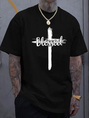 Men's Christian Faith T-Shirt with Blessed Lettering & Cross Print - 100% COTTON Heavyweight Short Sleeve Round Neck Casual Church Wear, Everyday Comfortable Summer Apparel for Men,