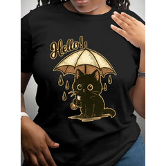 Black Cartoon Cat Printed T-shirt with Umbrella | Women'S Casual Short Sleeved, Fashionable Style, Crew Neck Top, Regular Fit
