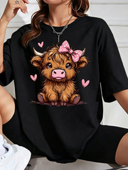 Cute Highland Cow Pink Bow Heart Graphic T-Shirt, Cartoon Fluffy Cow Casual Short Sleeve Unisex Shirt For Animal Lovers Daily Wear