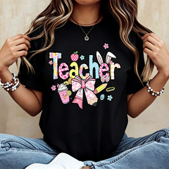 Teacher Print And Floral Design With Bow And Accessories White Short Sleeve T Shirt For Women Casual Wear School Teaching Outfit Women Back To Sc