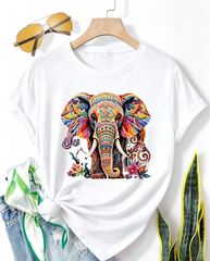 Women'S Vibrant Elephant Print T-Shirt - Casual Retro Style, Short Sleeve For Women,Crew Neck Elephant Graphic Tshirt