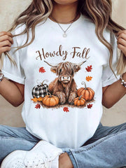 100% Cotton Thanksgiving Graphic Women T Shirt Howdy Fall Highland Cow Happy Thanksgiving Autumn Vibes Fall T-Shirt