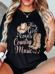 100% Cotton This Girl Loves Country Music T-Shirt Round Neck Short Sleeve T-Shirt WOMEN'S MEN'S Graphic Tee