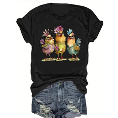 Plus Size Funny Chicken Print T-shirt, Casual Short Sleeve Crew Neck Top For Spring & Summer, Women's Plus Size Clothing