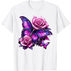 Purple Butterfly Rose Graphic T-Shirt Beautiful Floral Unisex Nature Lover Tee