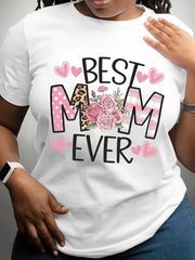 World's Best Mom Ever Floral Heart Graphic Tee for Men Women, Cute Mother's Day Short Sleeve T-Shirt, Casual Crew Neck Top for Mom Birthday Gift