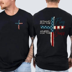 Patriotic Christian Faith T-Shirt - Stand for the Flag Kneel for the Cross Religious Graphic Tee, American Flag Cross Print Casual Crewneck