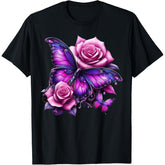 Purple Butterfly Rose Graphic T-Shirt Beautiful Floral Unisex Nature Lover Tee