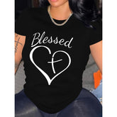 Blessed Heart & Cross Print T-Shirt, Short Sleeve Tee for Valentine's Day Gifts