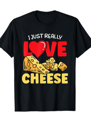 Men'S Casual Black Short-Sleeve T-Shirt with "I Really Love Cheese" Graphic