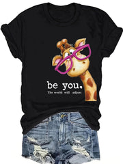 Giraffe print t-shirt, short sleeve crew neck casual top for summer spring, Women's clothing