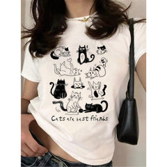 Women Clothes Cartoon Cats Print White TShirt, Unisex Casual Crew Neck Tshirt