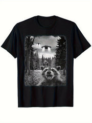 Men'S Funny Sasquatch Raccoon Graphic T-Shirt, Casual Round Neck Short Sleeve Tee with UFO Design