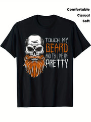 Beard Skull Pattern T-shirt - Soft, Men's Round Neck Short Sleeve - Casual Streetwear with Bold Orange and White Prints, Suitable for All Seasons | Bold Skull Prints | Comfortable Fit