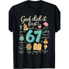 Retro God Did It First 67 Bible Verse Graphic T-Shirt, Unisex Premium Soft Cotton Crew Neck Tee, All Season Faith Tee, Ideal For Church Events And Christian Believer Gift