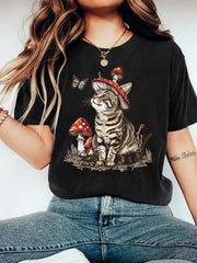 Red Mushroom and Cat Pattern T-shirt, Casual Round Neck Short Sleeved Polyester Top, Fabric, Comfortable All Year Round
