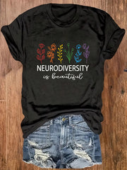 Women's Neurodiversity Is Beautiful Shirt Colorful Wildflower Graphic Tee Autism Mom Advocate Gift Top
