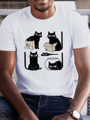 Men's Humorous Black Cat Graphic Tee - Crew Neck, Trendy Casual Wear for Adult, Summer Fashion Essential