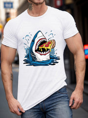 Men's Summer T-Shirt - Casual Short Sleeve Tee, Shark with Pizza Graphic