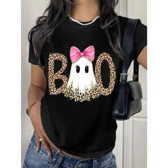 Women Short Sleeve T Shirt Black Leopard Print Boo Ghost With Pink Bow Halloween Party Top