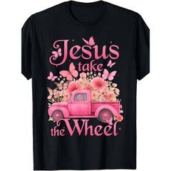 Vintage Jesus Take The Wheel Pink Floral Truck Butterfly Christian T-Shirt Trust God Scripture Graphic Tee Summer Casual Unisex Gift for Mom Her
