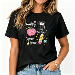 Happy To See Your Face Teacher T Shirt Women Cute Apple Pencil Graphic Tee Vintage Back To School Summer Top