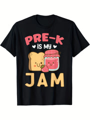 Pre-K Is My Jam Funny Back to School Graphic Tee for Women, Cute Toast Strawberry Print Short Sleeve T-Shirt, Preschool Teacher Casual Crew Neck Top
