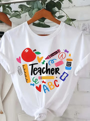 Teacher Print T-shirt, Short Sleeve Crew Neck Casual Top For Summer & Spring, Women's Clothing