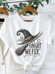 Tonight We Fly T-Shirt Witch Hat Broom Halloween Tee Orange Spooky Top