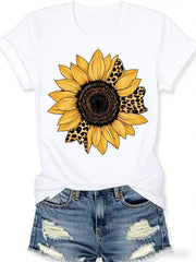 2026 Sunflower Leopard Print T-Shirt for Women, Black Summer Short Sleeve Tee, Casual Crew Neck Top with Cute Floral Animal Pattern Lightweight Breathable for Daily Wear