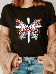 Women's Butterfly Floral Print T-Shirt, Short Sleeve Crew Neck Casual Top for Spring & Summer, Everyday Comfort Wear Religious Motif Apparel