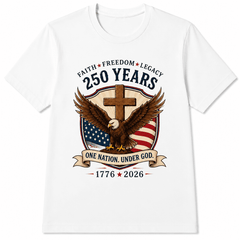 250 Years American Eagle Crew Neck T-Shirt, Vintage USA Flag Shield Wooden Cross Faith Freedom Legacy One Nation Under God Banner Soft Cotton Independence Day Outfit Shirt
