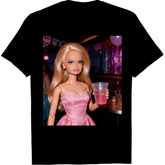 Doll Holding Pink Drink Party Scene T-Shirt - Funny Doll Face Graphic Tee, Unisex Casual Top