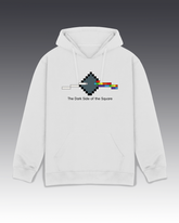 White hoodie with a graphic design on a gradient background