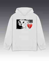 White hoodie with a cat graphic and text on a gradient background