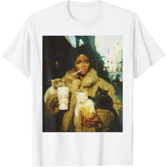 Funny Black Doll Face Meme with Sarcastic Cat Graphic T-Shirt - Creepy Cute Internet Humor Tee, Unisex Casual Top
