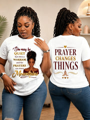She May Be Quiet Warrior Prayer Changes Things Double Sided Graphic Tee Women Casual Faith Short Sleeve T-Shirt