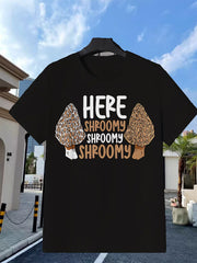 Casual Printed T-Shirt (Whimsical Mushroom Design) – Black Short-Sleeve Crew Neck Summer Style, Fun and Playful Essential, Shroomy Adventure T-Shirt