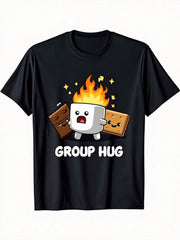 Camping Food Group Hug Unisex T-Shirt, All Season Marshmallow Chocolate Graphic Top, Casual Daily Apparel For Outdoor Lovers Dessert Fans And Cartoon Humor Enthusiasts