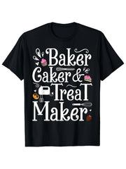 Baker Caker Treat Maker Funny Baking Graphic Tee for Men Women, Pastry Chef Cupcake Baker Short Sleeve T-Shirt, Casual Crew Neck Top for Baker Birthday Gift