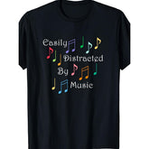 Easily Distracted By Music Retro Musical Notes T-Shirt Music Lover Gift Vinyl Record Graphic Tee Unisex Summer Casual Top Soft Cotton Crew Neck Vintage Style