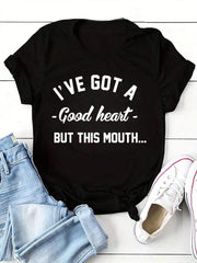 INAWLY Women Simple Printed Short Sleeve T-Shirt, Summer Casual Top I'VE GOT A Good Heart BUT THIS MOUTH Graphic Tees Women Tops