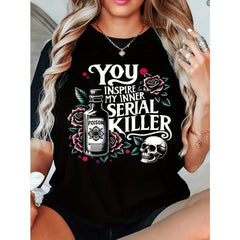 funny plus size womens you my inner killer graphic tee edgy skull roses fabric casual crew neck short sleeve top for wear spring summer fashion black -1
