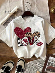 Women's Valentine's Day Heart Print T-Shirt 100% Short Sleeve Round Neck Casual Elegant Top with Heart & Love Symbol Design - Valentine's Gift, Casual Attire, Year-Round Comfortable Fit