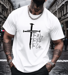 christian t shirt for men, religious graphic tee, cross print tshirt, faith mens shirt, the way the truth the life tee, church casual top, men streetwear cotton tee, christian gift for him