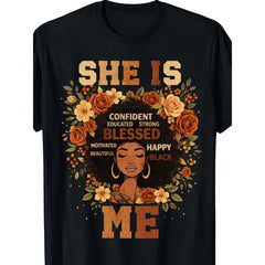 “She Is Confident, Educated, Strong, Blessed, Motivated, Happy, Beautiful, Black Me” Empowering Women’s Graphic T-Shirt – African American Pride Casual Tee, Soft Crewneck Short Sleeve