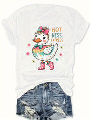 Cute Duck Hot Mess Express Quote Graphic T‑Shirt for Women, Fun Whimsical Animal Short Sleeve Crewneck Casual Tee Top