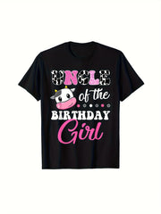 No Of The Birthday Girl Cow Print Graphic Tee for Women, Funny Birthday Party Short Sleeve T-Shirt, Casual Crew Neck Top with Cow Balloon Design